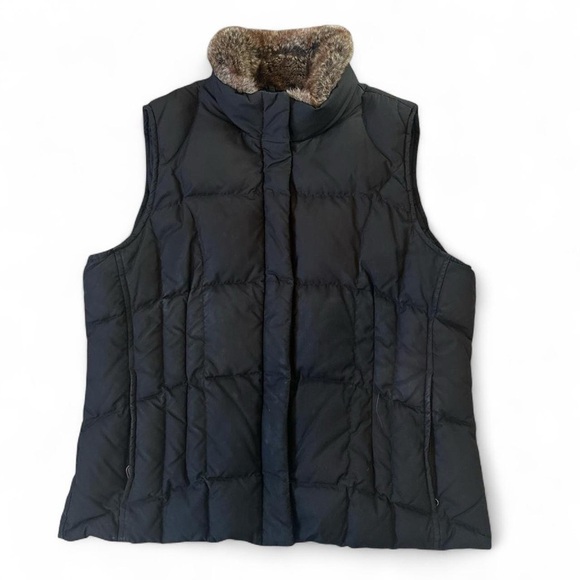 Eddie Bauer Goose Down Black Puffer Vest Faux Fur Collar Large - Picture 1 of 6